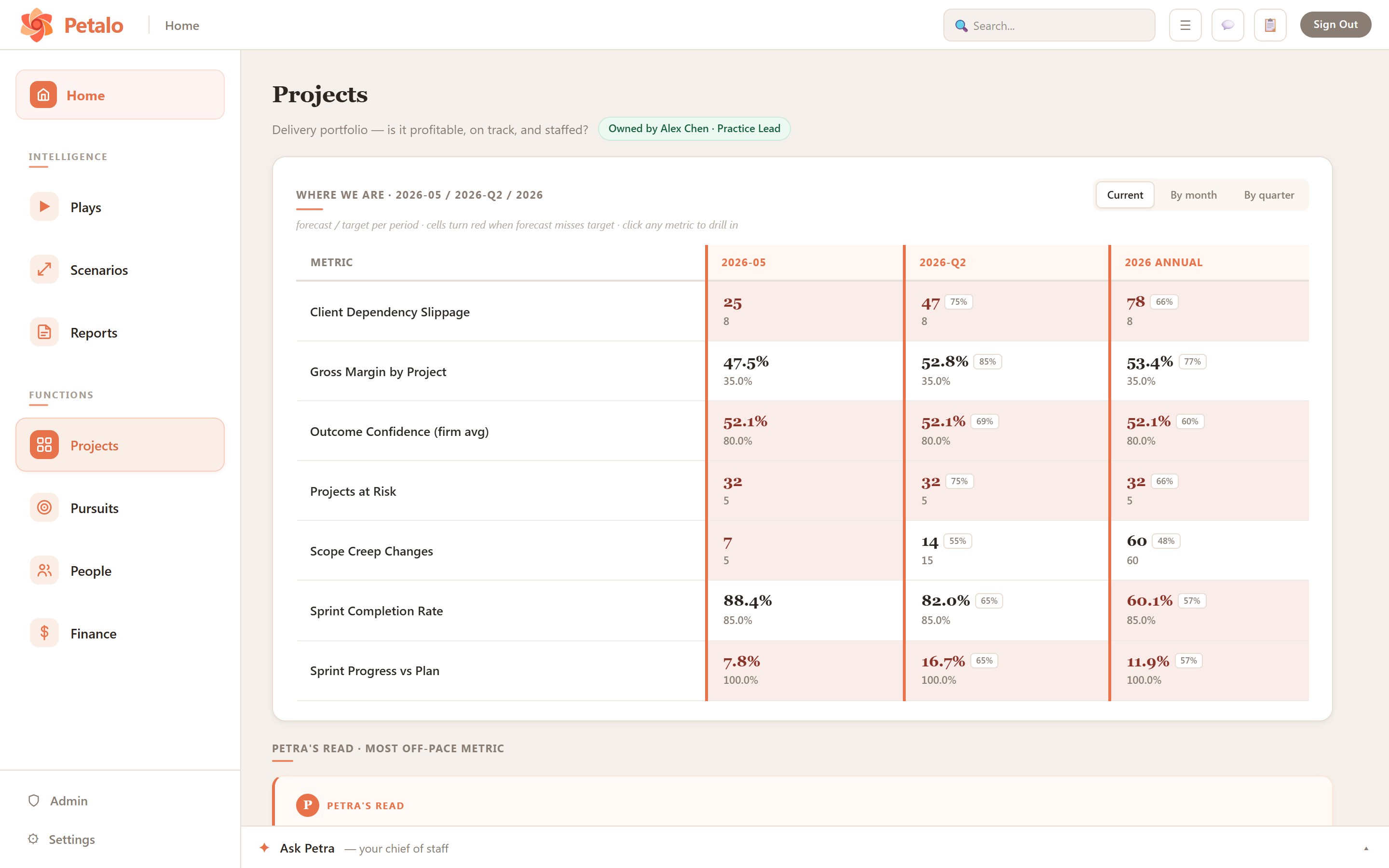 Projects function — its own metric grid and Petra's read, owned by the practice lead